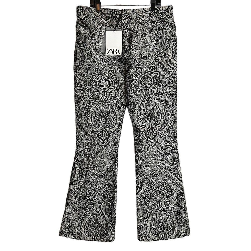 ZARA Pants Womens Medium black silver jacquard Flared Leg Slit Ankle Boggles Fav